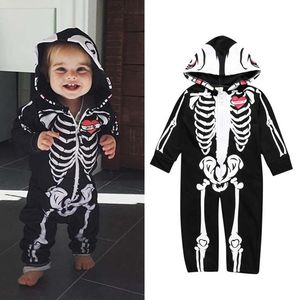 Strampler Baby Kinder Halloween Kleidung Schädel Druck Kleinkind Jungen Mädchen Strampler Mit Kapuze Overall Bebe Schädel Trick Kleidung Zipper Outfits 231020