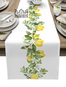 Table Runner Spring Lemon Leaves Flowers White Texture Table Runner Decoration Home Decor Dinner Table Decoration Table Decor 231019