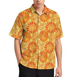 Мужские повседневные рубашки Рубашка с принтом мандалы в этническом стиле Золотые и оранжевые пляжные свободные гавайские забавные блузки с короткими рукавами и графическим топом большого размера