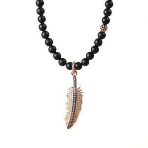 New Fashion Jewelry Whole 5pcs lot 6mm Natural Matte Agate Stone With Micro Pave Full Cz Feather Men's Pendant Necklace239W