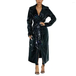 Mulheres Trench Coats Moda Senhoras Brilhantes PVC Couro Cinto Longo Casaco Sissy Olhar Molhado Lapela Pescoço Manga Sobretudo Sexy Fetiche Clubwear