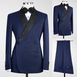 Classic Wedding Tuxedos Slim Fit Navy Blue Sequins Bridegroom For Men 2 Pieces Groomsmen Suit Male Formal Business Wear