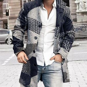 Men's Trench Coats Men Overcoat Plaid Single-breasted Turndown Collar Long Sleeves Slim Mid-length Jacket Coat Streetwear Wool & Blend