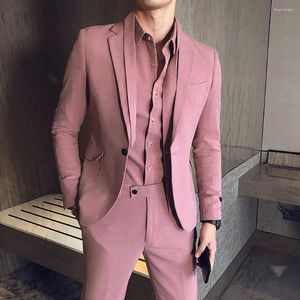 Ternos masculinos de luxo casamento empoeirado rosa único breasted entalhado lapela moda blazer traje homme duas peças jaqueta calças ajuste fino