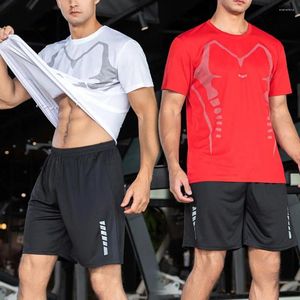 Herrespår 2 datorer/set män t-shirt kort set tryck rund hals topp shorts andas träning elastisk midja sommar träningskläder