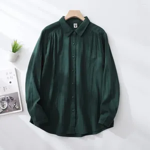 Women's Blouses Cotton Dark Green Mori Girl Japan Style Brief Vintage Long Sleeve Turndown Collar Solid Backing Shirts Tall Tops