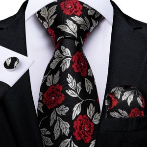 Neck Ties Black Red Rose Floral For Men 8cm Men's Silk Tie Handkerchief Cufflinks Set Business Wedding Gift DiBanGu 231019