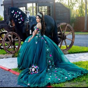 Wspaniałe szmaragdowe zielone sukienki Quinceanera z kwiatami kolorowe kwiaty Słodka 16 sukienka księżniczka vestidos de xv mexicanos Charro vestidos de 15 Quinceanera 2024