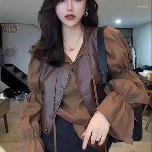 Kadın Bluzları 2023 Sonbahar Kore Moda Gevşek Çok Yönlü Kabarcık Kollu Gömlek Retro Pu Deri Yelek İki Parça Set Kadın Kıyafetleri