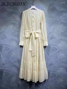 カジュアルドレスDldenghan Autumn Jacquard Dress Women Stand Collar Lantern Sleeve Crystal Button Vintage Long Fashion Designer
