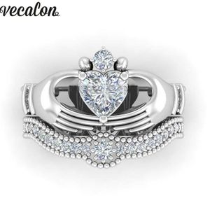 Bröllopsringar Vecalon Luxury Lovers Claddagh Ring 1CT 5A Zircon Cz White Gold Filled Engagement Band Set for Women Men198w