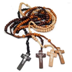 Pendant Necklaces Wooden Cross Necklace Round Bead Fashion Religion Jewelry Christian Catholic Wood Handmade 47cm Vintage