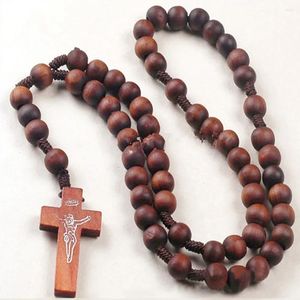 Pendant Necklaces Men Women Christ Wooden Beads 8mm Rosary Bead Cross Woven Rope Chain Necklace Jewelry Accessories Long