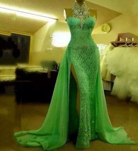 Evening Dresses Green Prom Party Gown Mermaid Plus Size New Custom Zipper Lace Up Lace High Neck Sleeveless Applique Beaded Sequins Tulle