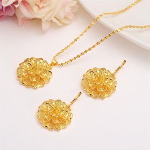 Ethiopian 24k Fine Yellow Gold Filled Multichamber Flower set Jewelry Pendant Chain Earrings African Bride Wedding Bijoux Gift311s