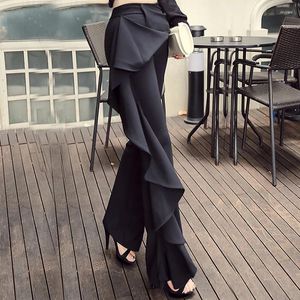 Frauen Hosen Personalisierte Rüschen Schwarze Hose War Dünne Hohe Taille Tasche Hüfte Breite Bein Ausgestelltes Harajuku Pantalon Femme