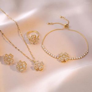 Necklace Earrings Set OL Rotating Flower Ring Stud Bracelets For Women Gold Color White Zircon Engagement Party Bridal