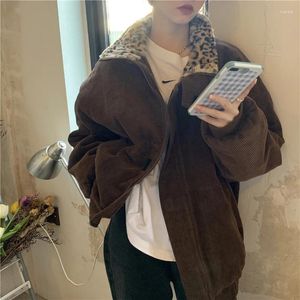 Women's Down Leopard Print Patchwork Ladies Jacket Corduroy Warmth Thick Loose Casual 2023 Autumn And Winter Women Elegant Top