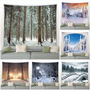 Arazzi Foresta invernale Paesaggio Arazzo Fiocco di neve bianco Albero di Natale Pino Appeso a parete Coperta Soggiorno Camera da letto Dormitorio Decorazione Tenda 231019