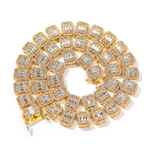 13 mm quadratische Baguette-Ketten, Kristall-Halsketten, Hip-Hop-Ketten-Halskette, luxuriöser voller Iced-Out-Legierungsschmuck