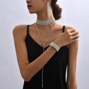 Conjunto de collar y pendientes para mujer, aretes de lujo de cristal geométrico, borla larga, fiesta de graduación, boda, collar, pulsera, joyería de novia