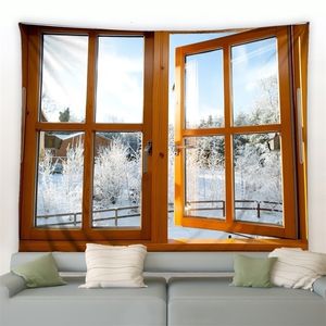 Tapeçarias janela inverno paisagem tapeçaria cenário nevado floresta cena ano natal parede pendurado para quarto sala de estar dormitório decoração 231019