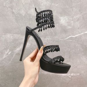 Rene Caovilla Chandelier Crystal Rhinestones منصة صندل Sandals Stiletto Heels Evening Party Dress Women Women Designers Wraparound Generation With With Box