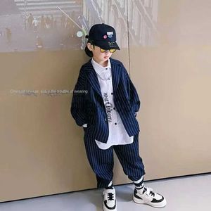 Clothing Sets 3-12 Yrs Teenager Boys Blazer Suit 2023 Spring Autumn Children Navy Blue Handsome British Striped Youth Jacket + Pant 2pcs Set J231020