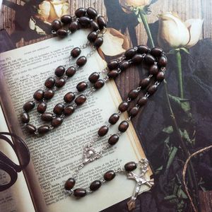 Pendant Necklaces CottvoVirgin Mary Medal Catholic Crucifix Cross Rosary Necklace Vintage Oval Dark Brown Beads Chain Pray Chaplet Jewelry