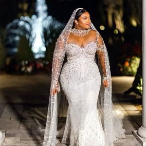 2023 ottobre arabo Aso Ebi Plus Size avorio sirena abito da sposa in rilievo cristalli pizzo abiti da sposa abiti ZJ608