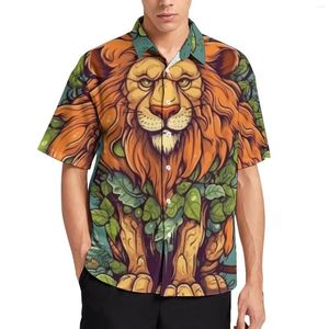 Мужские повседневные рубашки, рубашка с изображением льва, природный стиль, мультяшный пляж, свободные гавайские блузки Y2K, топ большого размера с короткими рукавами и графикой