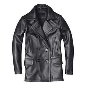 Men's Leather Faux Leather Men's Genuine Leather Jacket Male Cowhide Overcoat Autumn Winter Business Coat Trench Style Double Breasted Clothes Calfskin 231020