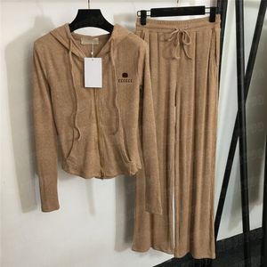 Embroidered Letter Knits Cardigan Pants Casual Suits For Women Slim Zipper Hooded Knitted Coat Wide Led Trousers Two Piece