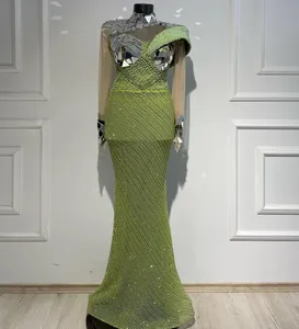 2023 Oct Aso Ebi Arabic Green Mermaid Prom Dress Sequined Lace Crystals Evening Formal Party Second Reception Birthday Engagement Gowns Dresses Robe De Soiree ZJ320