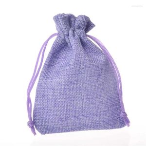 Jewelry Pouches LANWAYLUCKY 50 Pcs/Lot Purple Burlap Drawstring Christmas Wedding Candy Ring Jute Packaging Gift Bags 9x12cm