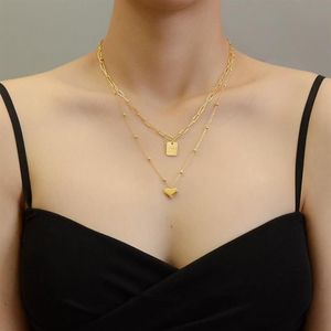 Hänge halsband elegant guldpläterad rostfritt stål kärlek hjärta multilager för kvinnor smycken fyrkantiga halsband pärla halskedjor261x