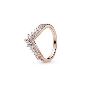 18K Rose Gold Plate Princess Wishbone Pierścień Oryginalny 925 Srebrny Diamond Kobiety Pierścionki Wedding Biżuteria