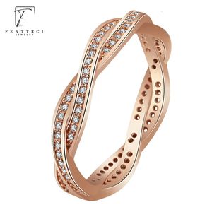 Anéis de casamento FENTTECI 925 prata esterlina rosa anel de ouro duplo braço de torção anel de diamante feminino nicho personalidade torção anel 231020