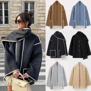 Jaquetas femininas outono jaqueta para mulheres vintage sólido manga longa casacos de lã com cachecol inverno quente moda feminina streetwear casaco