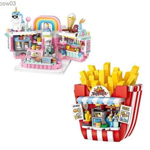 Block mini byggstenar hamburgare pommes frites gourmet shop cake shop city street view modell hem dekoration barn leksaker födelsedagspresenter r231020