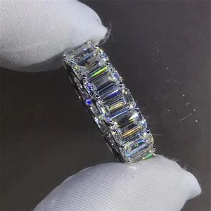 Eternity Full Emerald Cut Lab Diamond Pierścień 925 Srebrny Srebrny Bijou zaręczyny Pierścienie dla kobiet Mężczyzn Charmer289r