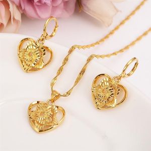 18 K FINE SOLID GOLD GF OFFLINE Border Heart Flower Europe Women Jycken Set Bridals Wedding Jewelry Gift Dubai Pendnat Earring2873