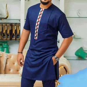 メンズカジュアルシャツルース半袖カラーブロックDashiki Tee Rich Bazin African Men Clothing Long Shirt Man Tops Muslim 202282T