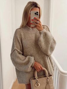 Damenpullover Strickpullover Pullover Lange Laternenhülse O-Ausschnitt Mode Herbst Winter Pullover Weiblich Elegant Warm Solide Allgleiches Top