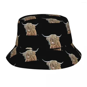 Berets Highland Cow Scotland Bob Hats Summer Travel Merch Cute Animal Fisherman Cap for Curings Women Men Men Ispoti Packable