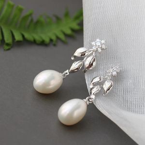 Dangle Earrings Authentic 925 Sterling Silver Earstuds Fashion Natural Freshwater Pearl Lady Leafage Wedding Party Fine Jewelry Gift