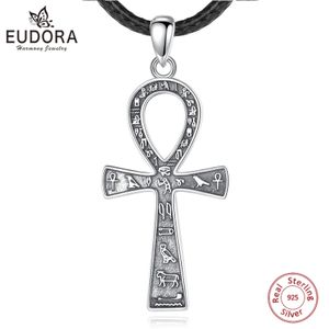 Hänghalsband Eudora 925 Sterling Silver Ancient Egyptian Ankh Cross Necklace For Women Man Fine Biker Amulet Pendant Personality Jewelry Gift 231020