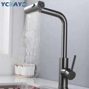 Kitchen Faucets YCRAYS Black Gray Pull Out Rotation Waterfall Stream Sprayer Head Sink Mixer Brushed Nickle Water Tap Accessorie 231019