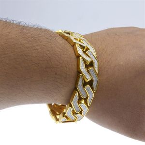 Bracciale da uomo con sabbiatura Bracciale a catena cubana in lega ghiacciata Hip Hop Bracciale da uomo in oro tono argento pesante 15 mm 8 pollici2696