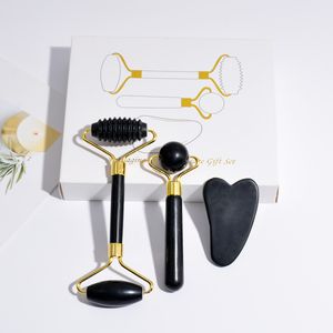 3PC GUA SHA Ansiktverktyg Set Sawtooth Natural Obsidian Face Roller Massager Guasha Anti-Aging Anti Wrinkles Puffiness Ansikte Skin Care Product Massager